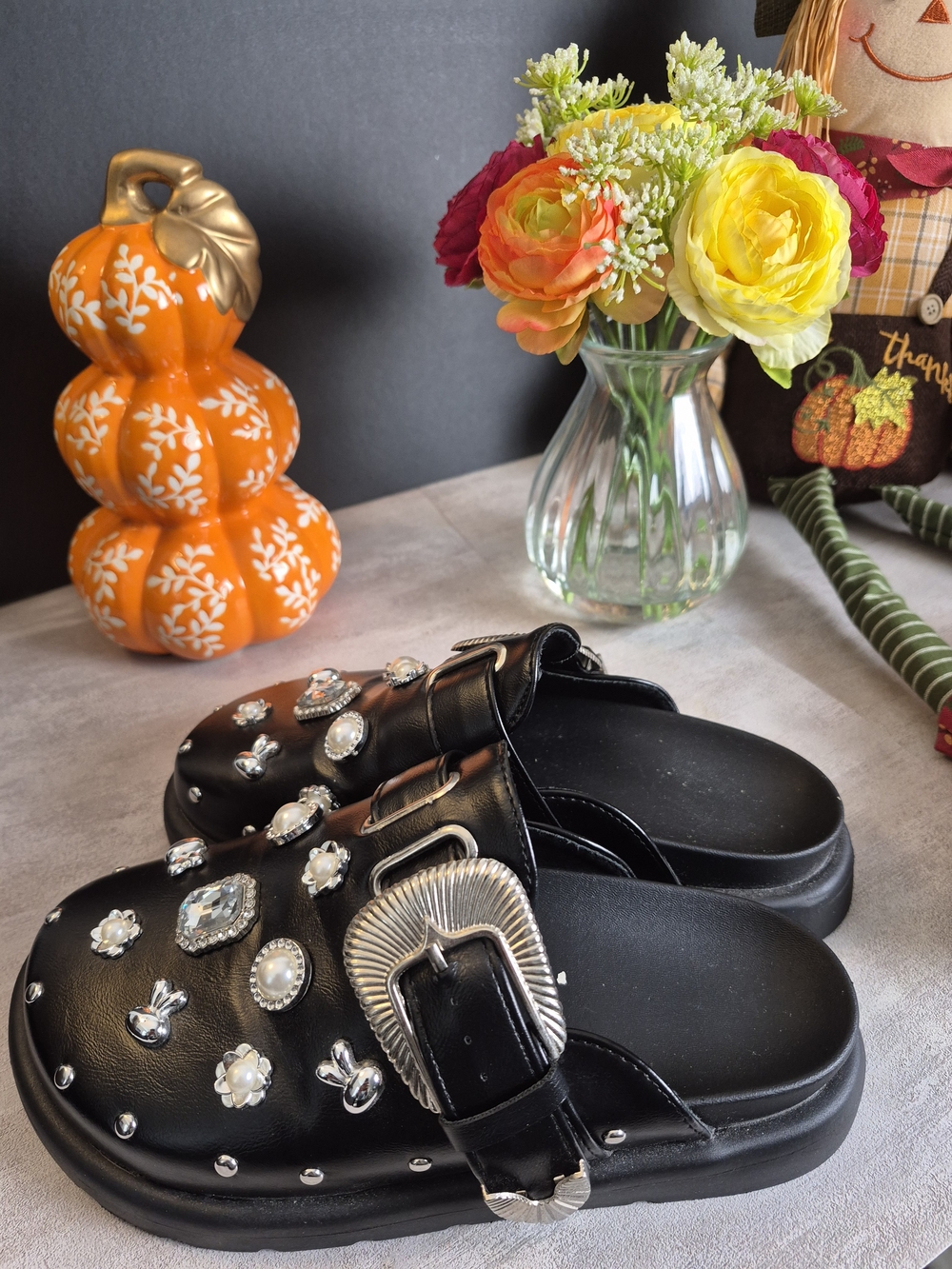 Black Embellished Slide Sandals with Buckle.Size EU 38 Size 7.5-8